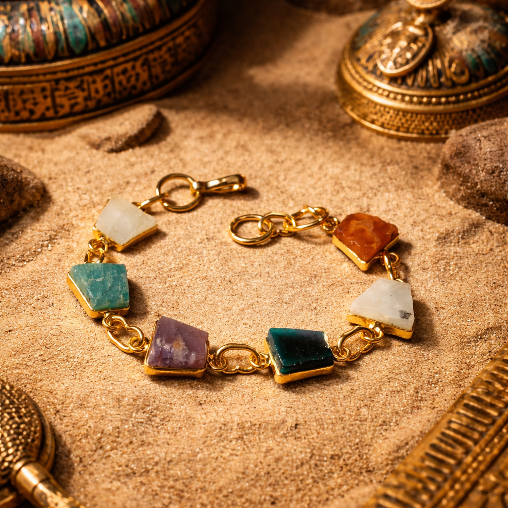 Gold bracelet with colorful stones on a textured surface with decorative elements