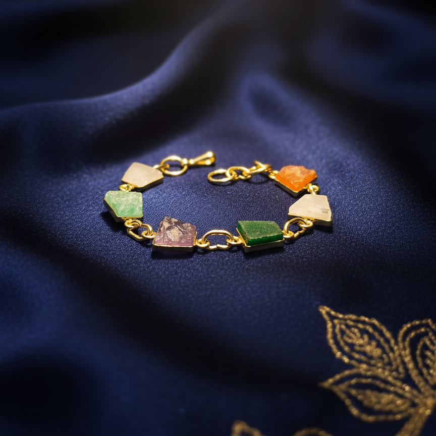 Bracelet with colorful gemstones on a dark blue fabric background