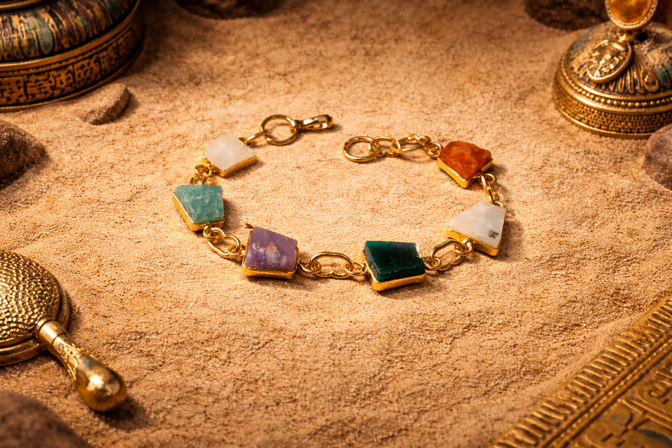 Gold bracelet with colorful gemstones on a textured surface with vintage objects.