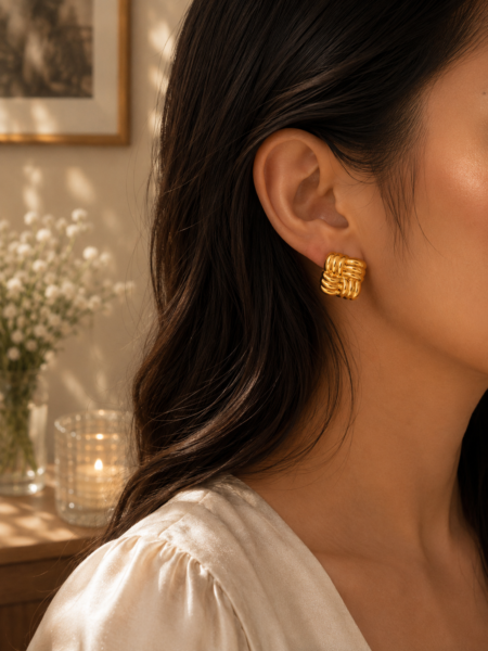 Golden Square Bubble Statement Stud