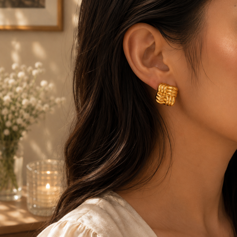 Golden Square Bubble Statement Stud