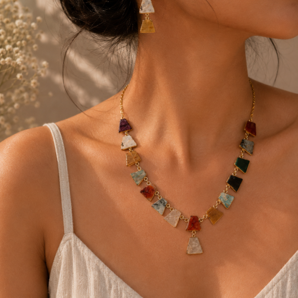 Slim Necklace with Earrings Multicolor